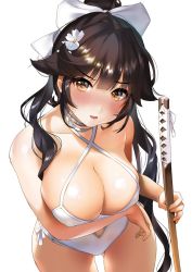 Rule 34 | 1girl, azur lane, bad id, bad twitter id, bare shoulders, bent over, black hair, blurry, blush, bow, breast hold, breasts, brown eyes, cowboy shot, criss-cross halter, depth of field, flower, gluteal fold, hair bow, hair flower, hair ornament, halterneck, large breasts, leaning forward, long hair, looking at viewer, one-piece swimsuit, parted lips, simple background, solo, swimsuit, sword, takao (azur lane), takao (beach rhapsody) (azur lane), very long hair, weapon, white background, white one-piece swimsuit, wooden sword, yanyo (ogino atsuki)