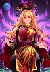 Rule 34 | 1girl, absurdres, aura, black dress, black nails, blonde hair, breasts, chinese clothes, crescent, dress, earrings, earth (planet), energy, fingernails, fire, highres, jewelry, junko (touhou), large breasts, legacy of lunatic kingdom, long hair, long sleeves, looking at viewer, nail polish, ocean, phoenix crown, planet, pom pom (clothes), purple fire, raptor7, red eyes, sharp fingernails, solo, tabard, touhou, water, wide sleeves