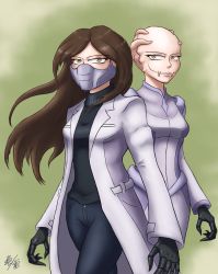 Rule 34 | 1girl, bald, bald girl, brown hair, claws, coat, dual persona, female focus, highres, long hair, looking at viewer, mask, monster girl, original, simple background, trench coat, yellow eyes