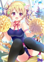 Rule 34 | :d, animal ears, bare shoulders, black thighhighs, blonde hair, blue one-piece swimsuit, blush, bow, breasts, cat ears, cat girl, cat tail, cleavage, commentary request, desk, fang, flower, green flower, hair between eyes, hair flower, hair ornament, hair ribbon, hairclip, highres, holding, indoors, long hair, medium breasts, nagayama yuunon, neck ribbon, new school swimsuit, on desk, one-piece swimsuit, open mouth, original, pink flower, pleated skirt, pom pom (cheerleading), purple bow, purple eyes, purple ribbon, purple skirt, red ribbon, ribbon, school desk, school swimsuit, sitting, on desk, skirt, smile, solo, swimsuit, swimsuit under clothes, tail, tail bow, tail ornament, thighhighs, twintails, very long hair, window