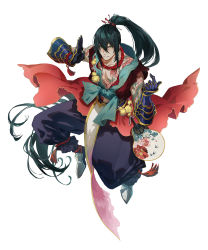 Rule 34 | 1boy, absurdres, alternate costume, armor, black hair, black pants, blush, chest tattoo, chinese clothes, commentary, dragon tattoo, fate/grand order, fate (series), flower tattoo, full-body tattoo, full body, gauntlets, green eyes, hair between eyes, hand fan, highres, kuzen, long hair, looking at viewer, male focus, pants, paper fan, ponytail, red tassel, smile, solo, tassel, tattoo, topless male, very long hair, white background, yan qing (fate)