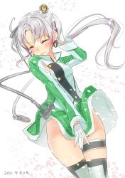 Rule 34 | 10s, 1girl, 2016, akitsushima (kancolle), ama mitsuki, anchor hair ornament, arm up, black thighhighs, blush, closed eyes, closed mouth, dated, dress, dutch angle, floating hair, gloves, green dress, grey hat, hair ornament, hat, head tilt, kantai collection, long hair, long sleeves, mini hat, miniskirt, silver hair, simple background, skirt, solo, standing, thigh strap, thighhighs, white background, white gloves, wind, wind lift