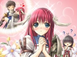 Rule 34 | 1boy, 2girls, blue eyes, blush, brown hair, carrying, chestnut mouth, chibi, eien no aselia, eternity sword series, closed eyes, feathers, flower, game cg, own hands clasped, ikaruga satsuki, masaharu, multiple girls, princess carry, red hair, seinarukana, smile, thought bubble