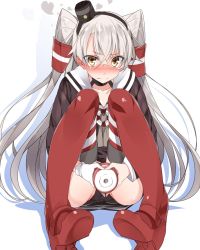 Rule 34 | 10s, 1girl, amatsukaze (kancolle), artificial vagina, black panties, blush, brown eyes, choker, commentary request, dress, garter straps, gloves, hair tubes, hairband, heart, heart hands, highres, kantai collection, knees together feet apart, long hair, looking at viewer, mtu (orewamuzituda), nose blush, panties, red thighhighs, sailor collar, sailor dress, sex toy, short dress, silver hair, single glove, sitting, solo, striped clothes, striped thighhighs, tenga, thighhighs, two side up, underwear, white gloves