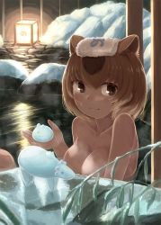 Rule 34 | 1girl, animal ears, backlighting, black eyes, breasts, brown hair, capybara (kemono friends), capybara ears, closed mouth, collarbone, commentary request, extra ears, hand up, highres, holding, japari symbol, kemono friends, knee up, light, light brown hair, looking at viewer, medium breasts, multicolored hair, night, nude, okyao, onsen, outdoors, partially submerged, sidelocks, sitting, smile, snow, solo, steam, towel, towel on head, upper body, water, wet, wet face