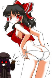 Rule 34 | 2girls, ass, back, blush, bow, brown hair, butt crack, colorized, crescent, female focus, from behind, hair bow, hair tubes, hakurei reimu, hat, highres, looking at viewer, looking back, m.u.g.e.n, mono (moiky), multiple girls, no pants, panties, panty pull, patchouli knowledge, purple hair, red eyes, short hair, sleeveless, spii (esupi2), standing, sweatdrop, touhou, trembling, underwear, white panties