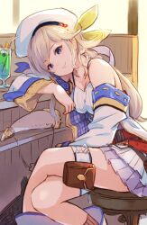 Rule 34 | 1girl, belt, beret, blonde hair, blue eyes, breasts, cleavage, crossed legs, cucouroux (granblue fantasy), cup, detached sleeves, dress, drinking straw, feet out of frame, granblue fantasy, hat, legs, long hair, looking at viewer, medium breasts, pouch, red belt, ribbon, sitting, smile, solo, stool, thigh strap, tomamatto, white dress, white hat, wide sleeves, yellow ribbon