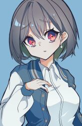 Rule 34 | 1girl, bang dream!, bang dream! it&#039;s mygo!!!!!, blue background, blue jacket, breasts, chinese commentary, collared shirt, commentary request, dress shirt, earrings, grey hair, hair between eyes, highres, jacket, jewelry, looking at viewer, medium breasts, parted lips, raglan sleeves, red eyes, shirt, short hair, simple background, solo, takamatsu tomori, upper body, white shirt, white sleeves, zhong xiansheng