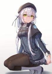 Rule 34 | 1girl, altina orion, beret, black hat, black pantyhose, black ribbon, blue coat, boots, capelet, chinese commentary, closed mouth, coat, commentary request, eiyuu densetsu, green eyes, grey capelet, grey skirt, hair between eyes, hair ribbon, hat, highres, light blush, long hair, looking at viewer, miniskirt, pantyhose, pleated skirt, ribbon, sen no kiseki, sen no kiseki iii, simon (sacili), simple background, skirt, solo, squatting, tiptoes, white background, white footwear, white hair