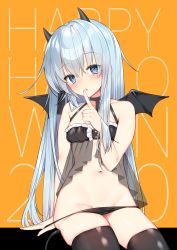Rule 34 | 1girl, alternate costume, babydoll, bare arms, bare shoulders, black panties, black thighhighs, blue eyes, blush, breasts, choker, demon girl, demon horns, demon tail, demon wings, finger to mouth, groin, haiba 09, halloween, halloween costume, happy halloween, hibiki (kancolle), highres, horns, kantai collection, lingerie, long hair, looking at viewer, navel, panties, panty pull, see-through, silver hair, sitting, small breasts, solo, tail, thighhighs, underwear, underwear only, very long hair, wings