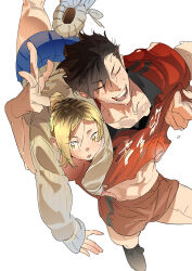 2boys arm_up atie1225 black_footwear black_hair blonde_hair blue_skirt carrying_over_shoulder chinese_commentary closed_eyes collarbone collared_shirt commentary_request crossdressing haikyuu!! hair_between_eyes kozume_kenma kuroo_tetsurou long_sleeves looking_to_the_side male_focus midriff multicolored_hair multiple_boys navel nekoma_volleyball_uniform open_mouth pectorals pleated_skirt ponytail red_shirt red_shorts shirt short_hair short_ponytail shorts sideways_glance skirt sleeves_past_wrists sportswear standing standing_on_one_leg sweater teeth v yellow_eyes