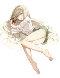 Rule 34 | 1girl, absurdres, ass, bare legs, barefoot, blonde hair, blush, breasts, chocolate, cleavage, commentary, eucharist (neural cloud), fang, full body, girls&#039; frontline, girls&#039; frontline neural cloud, green eyes, green skirt, hair down, hair in own mouth, highres, holding, lemures, long hair, looking at viewer, lying, office lady, on side, open clothes, open mouth, open shirt, panties, pencil skirt, red ribbon, ribbon, shirt, simple background, skin fang, skirt, sleeves rolled up, small breasts, solo, underwear, valentine, very long hair, white background, white panties, white shirt