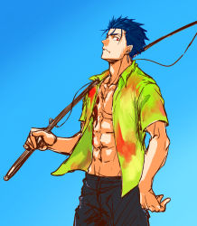 Rule 34 | 1boy, abs, blue background, blue hair, cu chulainn (fate), cu chulainn (fate/stay night), earrings, fate/hollow ataraxia, fate/stay night, fate (series), fishing rod, hawaiian shirt, highres, jewelry, kuroguro, looking at viewer, male focus, multicolored shirt, muscular, official alternate costume, open clothes, open shirt, ponytail, red eyes, shirt, solo