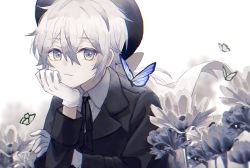 Rule 34 | 1boy, androgynous, blue eyes, bug, butterfly, gloves, green eyes, grey hair, hat, head rest, insect, male focus, namiki itsuki, neck ribbon, original, pale skin, ribbon, white gloves, white hair