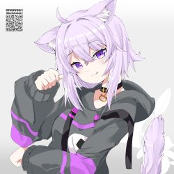 Rule 34 | 1girl, :q, absurdres, ahoge, animal ear fluff, animal ears, black choker, breasts, cat ears, cat girl, cat tail, choker, closed mouth, commentary request, drawstring, grey background, grey hoodie, hair between eyes, hand up, head tilt, highres, hololive, hood, hood down, hoodie, long sleeves, looking at viewer, medium breasts, nekomata okayu, nekomata okayu (1st costume), puffy long sleeves, puffy sleeves, purple eyes, purple hair, qr code, sleeves past wrists, smile, solo, tail, tongue, tongue out, twitter username, virtual youtuber, yamaguchi shinnosuke