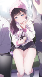 Rule 34 | 1girl, absurdres, asymmetrical hair, bag, bare legs, beanie, between breasts, black shorts, blue eyes, blurry, blurry foreground, blush, breasts, brown hair, cellphone, choppy bangs, commentary request, hat, highres, holding, holding phone, hood, hoodie, long hair, long sleeves, looking at viewer, medium breasts, mokuyama hito, original, parted bangs, parted lips, people, phone, pink headwear, short shorts, shorts, shoulder bag, sitting, smartphone, smile, solo focus, strap between breasts, thighs, train, variant set, waving, white hoodie