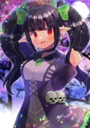 Rule 34 | 1girl, :d, arm up, bare tree, black choker, black dress, black hair, blurry, blurry background, blush, bow, breasts, choker, commentary request, commission, copyright request, depth of field, dress, frilled dress, frills, full moon, green bow, hair bow, hand up, kou hiyoyo, long hair, long sleeves, looking at viewer, medium breasts, moon, night, open mouth, outdoors, pointy ears, puffy long sleeves, puffy sleeves, red eyes, skeb commission, skull, smile, solo, thumbs up, tree, twintails