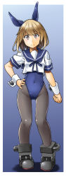 Rule 34 | 1girl, adapted costume, alto-00, animal ears, black pantyhose, blue background, blue leotard, blue neckerchief, blue sailor collar, boots, breasts, brown eyes, brown hair, covered navel, fake animal ears, full body, gradient background, hair between eyes, hand on own hip, highres, kantai collection, leotard, leotard under clothes, long hair, looking at viewer, neckerchief, oboro (kancolle), pantyhose, playboy bunny, rabbit ears, rubber boots, sailor collar, school uniform, serafuku, shirt, shoes, short hair, short sleeves, small breasts, smile, solo, standing, white shirt, wrist cuffs