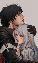 Rule 34 | 1boy, 1girl, absurdres, black hair, blue eyes, blue vest, chin rest, clive rosfield, couple, doopee205, expressionless, facial hair, final fantasy, final fantasy xvi, grey hair, head on head, head rest, height difference, highres, hug, jill warrick, long hair, looking afar, male focus, profile, puffy sleeves, short hair, simple background, upper body, vest