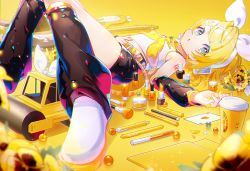 Rule 34 | 1girl, belt, black shorts, blonde hair, blue eyes, bottle, bow, card (medium), cosmetics, cup, detached sleeves, disposable cup, flower, guitar, hair bow, hair ornament, hairclip, headphones, headset, instrument, kagamine len, kagamine rin, leg warmers, lipstick, lipstick tube, looking at viewer, lotion, lotion bottle, lying, makeup, makeup brush, mascara, mechanical pencil, nail polish bottle, neckerchief, on back, open mouth, pen, pencil, sawashi (ur-sawasi), shoes, short hair, shorts, solo, steamroller, toy car, vocaloid, white bow, white footwear, yellow belt, yellow neckerchief, yellow theme