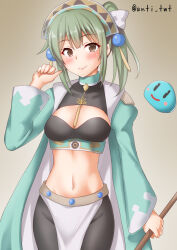 Rule 34 | anti (untea9), atelier (series), atelier marie, black pantyhose, cosplay, green hair, highres, holding, holding staff, kantai collection, marie (atelier), marie (atelier) (cosplay), pantyhose, pelvic curtain, ponytail, puni (atelier), slime (creature), staff, yuubari (kancolle)
