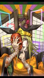 Rule 34 | 1girl, bandaged arm, bandages, black hat, blonde hair, commentary request, dress, gold, hair between eyes, hat, highres, holding, holding mask, index finger raised, long bangs, long hair, long sleeves, looking at viewer, mask, matara okina, orange dress, pale skin, purple lips, purple nails, ryuuichi (f dragon), solo, touhou, upper body, yellow eyes