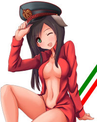 Rule 34 | 1girl, ;d, a9b (louis814), animal ears, arm support, blush, bottomless, breasts, brown hair, collarbone, collared shirt, dog ears, federica n. doglio, green eyes, hand on headwear, hat, italian flag, italy, long hair, long sleeves, navel, no bra, no pants, one eye closed, open clothes, open mouth, open shirt, panties, peaked cap, red panties, red shirt, shirt, simple background, sitting, smile, solo, strike witches, underwear, white background, world witches series