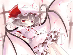Rule 34 | 1girl, bat wings, chair, dress, female focus, gradient background, grey hair, grin, hat, highres, petals, red eyes, remilia scarlet, ribbon, sitting, smile, solo, touhou, white background, window, wings, yume shokunin