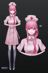 Rule 34 | 1girl, alternate costume, artist name, breasts, commentary, cropped torso, english commentary, full body, hat, highres, hololive, hololive english, illustrator x, large breasts, looking at viewer, mori calliope, multiple views, nurse, nurse cap, own hands together, pink eyes, pink hair, smile, virtual youtuber