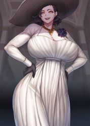 Rule 34 | 1girl, alcina dimitrescu, black gloves, black hair, breasts, capcom, cleavage, corsage, dress, gloves, gonster, hands on own hips, hat, highres, jewelry, large breasts, necklace, pale skin, resident evil, resident evil village, short hair, smile, solo, sun hat, white dress, yellow eyes