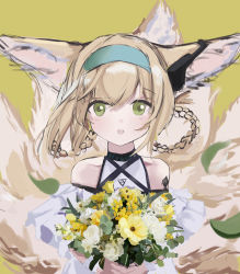 Rule 34 | 1girl, absurdres, animal ears, arknights, bare shoulders, blonde hair, bouquet, dress, earpiece, falling leaves, flower, fox ears, fox girl, fox tail, green eyes, hair rings, hairband, highres, holding, holding bouquet, infection monitor (arknights), kitsune, koishi (hibananana), kyuubi, leaf, looking at viewer, material growth, multiple tails, off-shoulder dress, off shoulder, open mouth, oripathy lesion (arknights), sidelocks, solo, suzuran (arknights), tail, white dress, yellow background