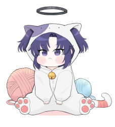 Rule 34 | 1girl, :&lt;, alternate costume, animal costume, blue archive, blush stickers, cat costume, chibi, commentary request, halo, highres, long hair, long sleeves, looking at viewer, parted bangs, puffy cheeks, purple eyes, purple hair, sidelocks, simple background, sitting, solo, spread legs, two side up, yarn, yarn ball, yosik, yuuka (blue archive)