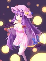 Rule 34 | 1girl, bad id, bad pixiv id, bell, blurry, blush, bokeh, bow, breasts, cleavage, crescent, depth of field, hair bell, hair ornament, hat, large breasts, long hair, long sleeves, looking at viewer, patchouli knowledge, pink thighhighs, purple eyes, purple hair, smile, solo, thighhighs, touhou, transistor, wide sleeves