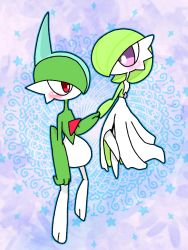 Rule 34 | 1boy, 1girl, arm at side, blue background, blue hair, blue outline, blush, blush stickers, bob cut, bright pupils, chibi, colored skin, creatures (company), eye contact, from behind, full body, gallade, game freak, gardevoir, gen 3 pokemon, gen 4 pokemon, green hair, green skin, hair over one eye, hand up, holding hands, looking at another, mohawk, multicolored hair, multicolored skin, nintendo, no mouth, one eye covered, outline, pink eyes, pokemon, pokemon (creature), red eyes, short hair, standing, star (symbol), two-tone hair, two-tone skin, white pupils, white skin, yuri (fl0werspace)