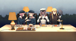 Rule 34 | 10s, 4girls, alternate costume, bismarck (kancolle), black coat, black gloves, black hat, blonde hair, blue eyes, blunt bangs, breasts, buttons, cable, cake, cake slice, chair, character name, closed eyes, coat, cup, double-breasted, doughnut, drinking glass, eight tohyama, feeding, food, fork, gloves, graf zeppelin (kancolle), grey background, hat, highres, holding, holding clothes, holding cup, holding hat, holding plate, kantai collection, lamp, light, long hair, long sleeves, looking at viewer, medium breasts, muffin, multiple girls, own hands together, plate, profile, red hair, sailor collar, short twintails, sidelocks, silver hair, simple background, sitting, tablecloth, twintails, unworn hat, unworn headwear, upper body, white gloves, wine glass, z1 leberecht maass (kancolle), z3 max schultz (kancolle)