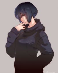 Rule 34 | 1girl, bad id, bad pixiv id, black hair, blue eyes, eyes visible through hair, finger to mouth, ghost in the shell, grey background, katsuoboshi, kusanagi motoko, looking at viewer, short hair, simple background, solo, sweater, twitter username
