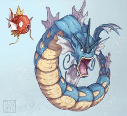 Rule 34 | 2016, bubble, commentary, creature, creatures (company), english commentary, etherealhaze, evolution, evolutionary line, fangs, fish, game freak, gen 1 pokemon, grey background, gyarados, magikarp, nintendo, open mouth, pokemon, pokemon (creature), signature, simple background, whiskers