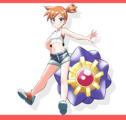 Rule 34 | 1girl, blue eyes, blue shorts, breasts, brown hair, creatures (company), crop top, full body, game freak, gen 1 pokemon, gym leader, hair between eyes, hand on own hip, highres, midriff, misty (pokemon), navel, nintendo, one side up, outstretched arm, pokemon, pokemon (creature), pokemon lgpe, shadow, short hair, short shorts, shorts, sleeveless, small breasts, starmie, stomach, takaya n, white background