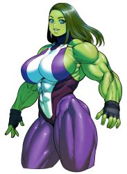 Rule 34 | abs, animification, blue eyes, breasts, colored skin, commentary, green skin, highres, large breasts, leotard, looking at viewer, marvel, muscular, muscular female, she-hulk, simple background, solo, superhero costume, synecdoche, white background