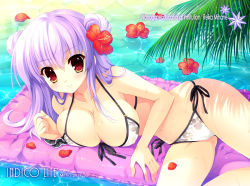 Rule 34 | 10s, 1girl, 2012, artist name, bikini, blush, breasts, cameltoe, cleavage, cover, cover page, floral print, flower, front-tie top, hair flower, hair ornament, hibiscus, large breasts, long hair, looking at viewer, lying, mihane reika, mitha, nanagane educational institution, on side, original, petals, print bikini, purple hair, raft, red eyes, side-tie bikini bottom, smile, solo, swimsuit, water