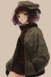 Rule 34 | 1girl, absurdres, black eyes, black jacket, chinese clothes, closed mouth, cowboy shot, facial mark, green hat, green jacket, grey background, hat, highres, jacket, long sleeves, looking at viewer, medium hair, original, purple hair, simple background, solo, standing, tentsuu (tentwo)