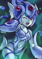 Rule 34 | 1girl, absurdres, breasts, clothing cutout, digimon, digimon (creature), fins, frog girl, helmet, highres, medium breasts, monster girl, navel cutout, one-piece swimsuit, one eye closed, ranamon, smile, swimsuit, ten legendary warriors, wide hips, wink