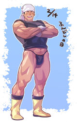 Rule 34 | 1boy, bandana, bara, black male underwear, black shirt, blue background, blush, boots, bulge, closed eyes, crossed arms, flying sweatdrops, full body, fundoshi, highres, japanese clothes, male focus, male pubic hair, male underwear, mature male, muscular, muscular male, navel, navel hair, original, pubic hair, pubic hair peek, shirt, simple background, sleeves rolled up, smile, solo, sweatdrop, thick eyebrows, thick thighs, thighs, translated, underwear, uruonurun, white bandana