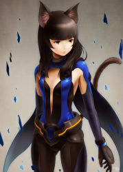 Rule 34 | 1girl, absurdres, animal ears, armpit cutout, arms at sides, bad id, bad pixiv id, belt, black gloves, black hair, blunt bangs, bodysuit, breasts, brown eyes, cape, cat ears, cat tail, center opening, closed mouth, clothing cutout, cowboy shot, eyebrows, gloves, gluteal fold, highres, kanchiyo, kemonomimi mode, long hair, looking away, origami koori, school girl strikers, shards, signature, small breasts, solo, tail
