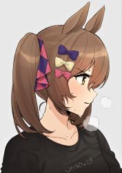 Rule 34 | 1girl, absurdres, animal ears, black shirt, bow, breasts, breath, brown hair, clothes writing, collared shirt, grey background, hair bow, heavy breathing, highres, horse ears, hukahito, medium breasts, parted lips, profile, shirt, sidelocks, simple background, smart falcon (umamusume), solo, sweat, twintails, umamusume, upper body, yellow eyes