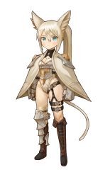 Rule 34 | 1girl, absurdres, animal ear fluff, animal ears, armor, armored boots, asymmetrical footwear, blonde hair, blue eyes, blush, boots, brown footwear, cat ears, cat girl, cat tail, clenched hands, cross-laced footwear, expressionless, gloves, gluteal fold, gold trim, highres, legs apart, long hair, looking at viewer, mismatched footwear, original, ponytail, simple background, single thigh boot, solo, sookmo, standing, tail, thigh boots, thighhighs, thighs, very long hair, white background