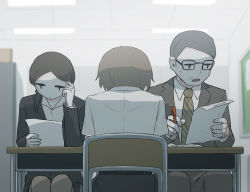 Rule 34 | 1girl, 2boys, absurdres, avogado6, belt, blurry, blurry background, brown hair, chair, classroom, commentary, desk, expressionless, formal, from behind, grey hair, highres, holding, holding pen, jitome, looking down, multiple boys, necktie, original, paper, pen, ponytail, short hair, talking