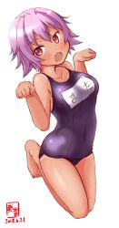 Rule 34 | 1girl, arched back, artist logo, blue one-piece swimsuit, commentary request, dated, fang, full body, hair between eyes, highres, kanon (kurogane knights), kantai collection, one-piece swimsuit, one-piece tan, open mouth, paw pose, purple hair, red eyes, school swimsuit, short hair, simple background, solo, swimsuit, tama (kancolle), tan, tanline, white background