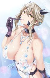 Rule 34 | 1girl, artoria pendragon (fate), artoria pendragon (lancer alter) (fate), artoria pendragon (lancer alter) (royal icing) (fate), bad id, bad twitter id, bare arms, bare shoulders, biting, black panties, blonde hair, blue background, braid, breasts, choker, cleavage, commentary, covered erect nipples, covered navel, cowboy shot, fate/grand order, fate (series), garter belt, glove biting, gloves, hair between eyes, highres, horns, huge breasts, jewelry, lingerie, long hair, moisture (chichi), official alternate costume, panties, revealing clothes, see-through, snowflakes, solo, underwear, yellow eyes