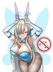 Rule 34 | 1girl, absurdres, animal ears, armpits, arms up, asuna (blue archive), blonde hair, blue archive, blush, breasts, cleavage, covered navel, detached collar, elbow gloves, gloves, grin, hair over one eye, hair ribbon, halo, highres, large breasts, latex, leaning forward, leotard, long bangs, long hair, mole, mole on breast, neso neso, pantyhose, playboy bunny, rabbit ears, rabbit symbol, rabbit tail, ribbon, sign, simple background, smile, sweat, tail, very long hair, wide hips